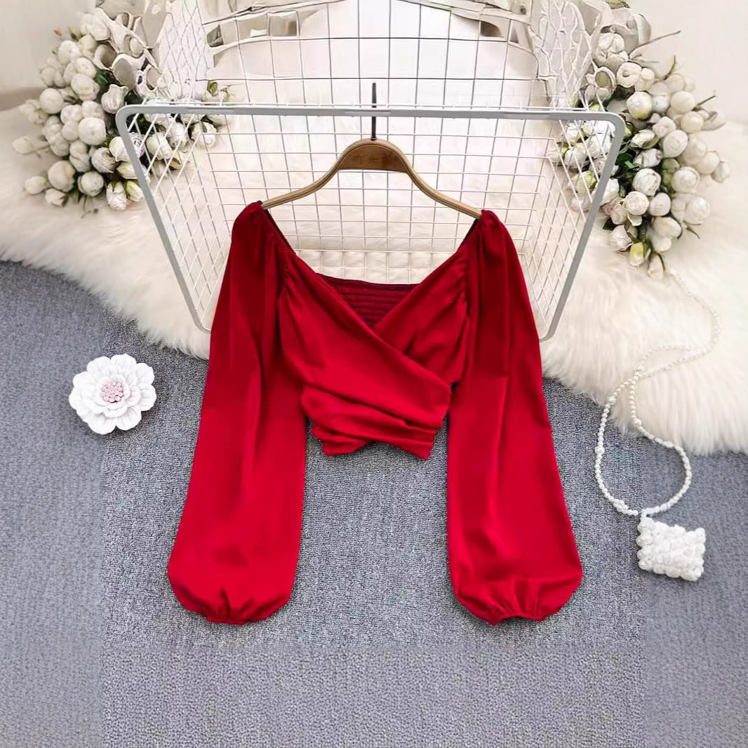 V-Neck Ruffle Bubble Sleeve Cropped Top