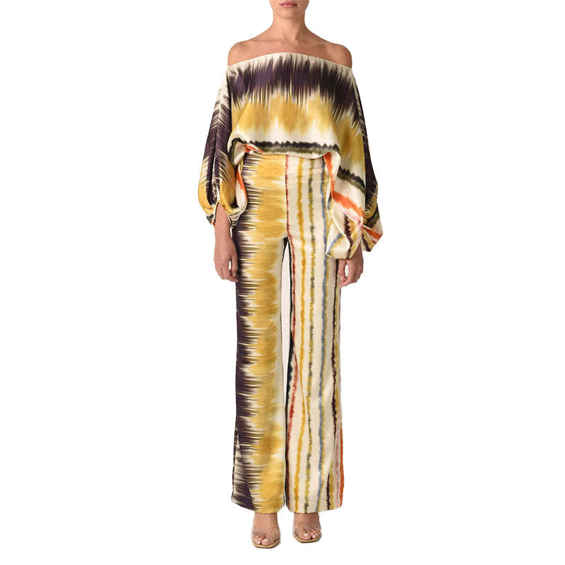 Women's Printed Round Neck Batwing Sleeve Top & Wide-Leg Pants Set