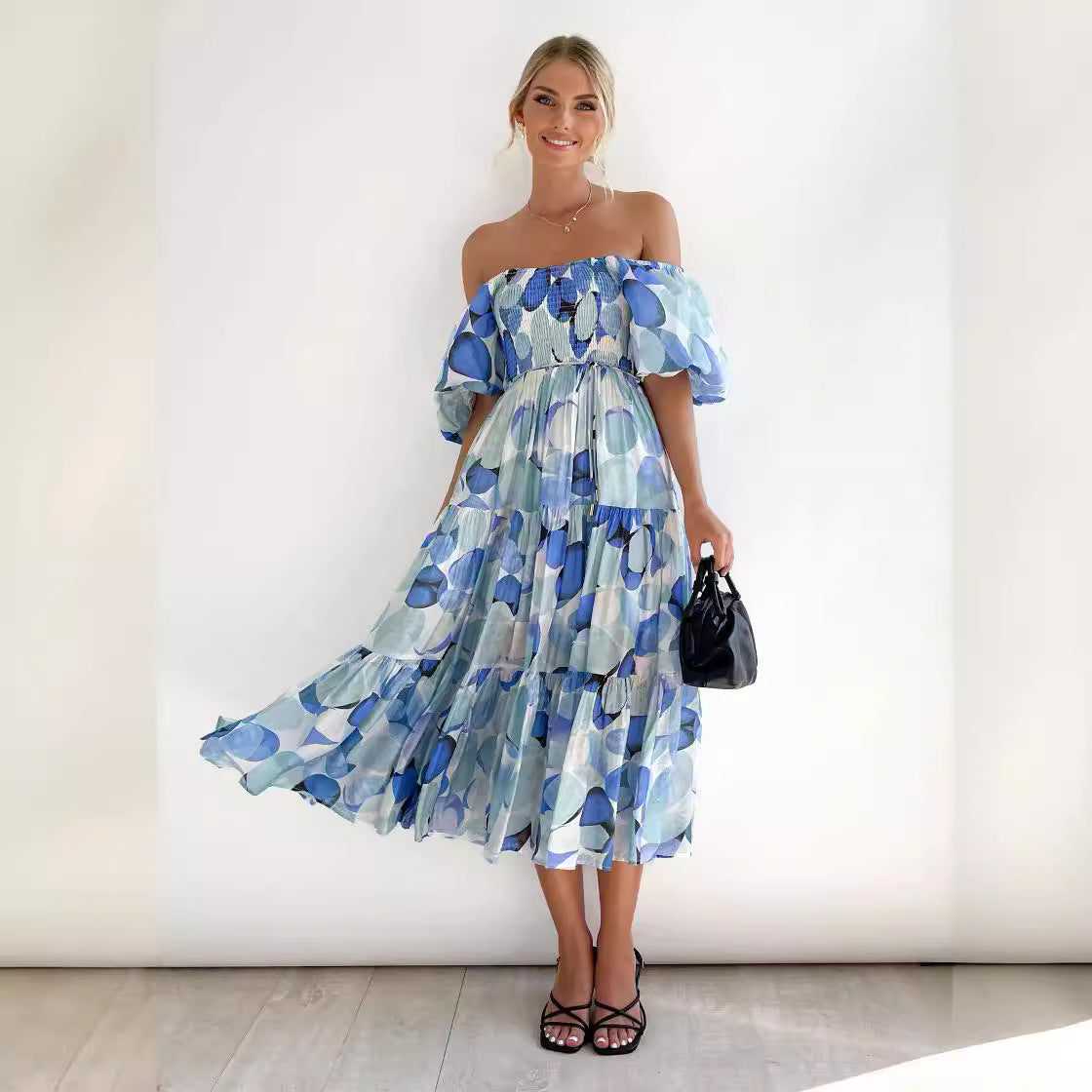 Flutter Sleeve High Waist Off-Shoulder Print Dress