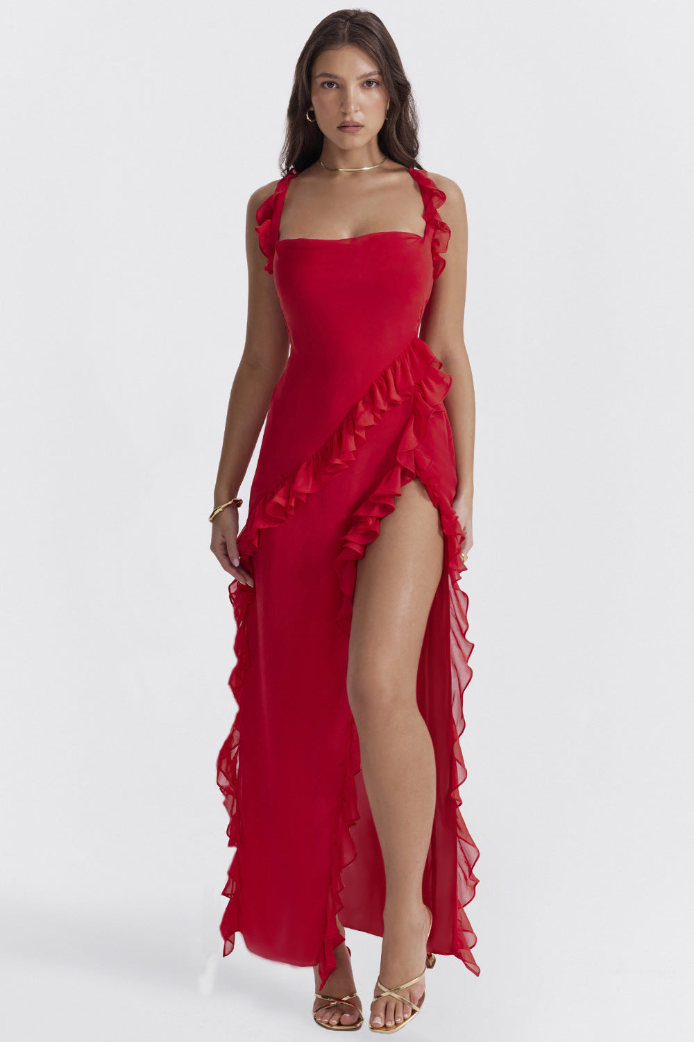 Strappy Ruffle Detail High-Slit Long Dress