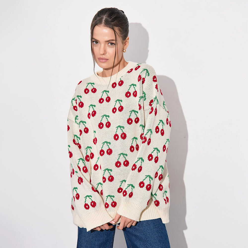 Sweet Cherry Print Sweater - Loose Knit Oversized Pullover