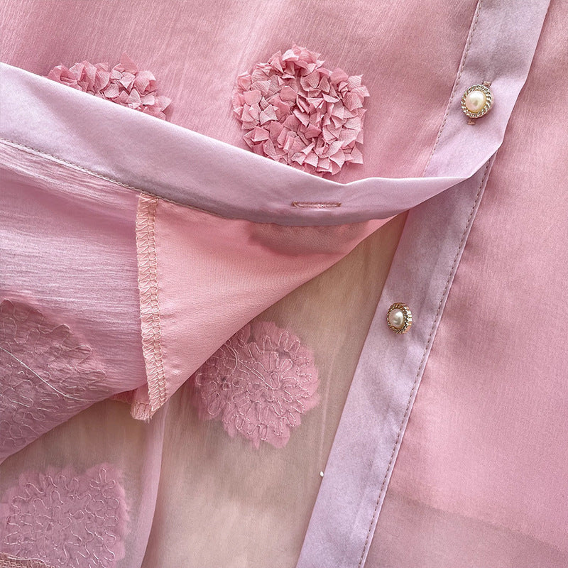 Beaded 3D Floral Mesh Shirt
