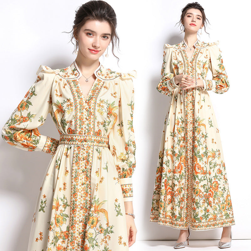 Vintage Designed V Neck Hand Made Long Sleeves Dresses