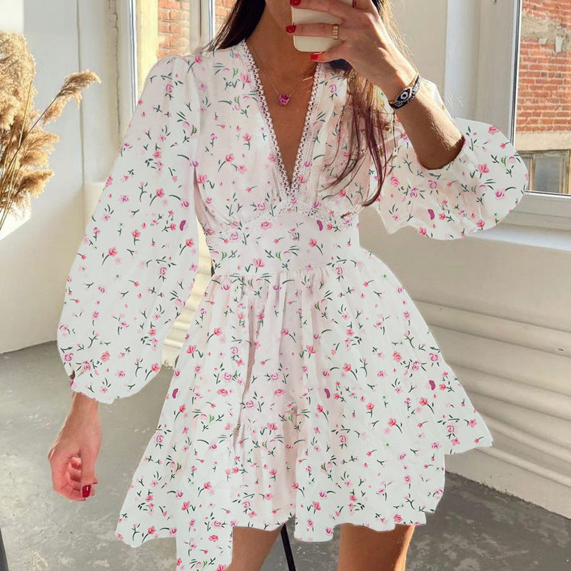 Sweet & Elegant Floral Print V-Neck Lace Dress