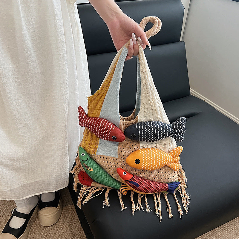 Patchwork Knit Shoulder Bag with Checkered Design