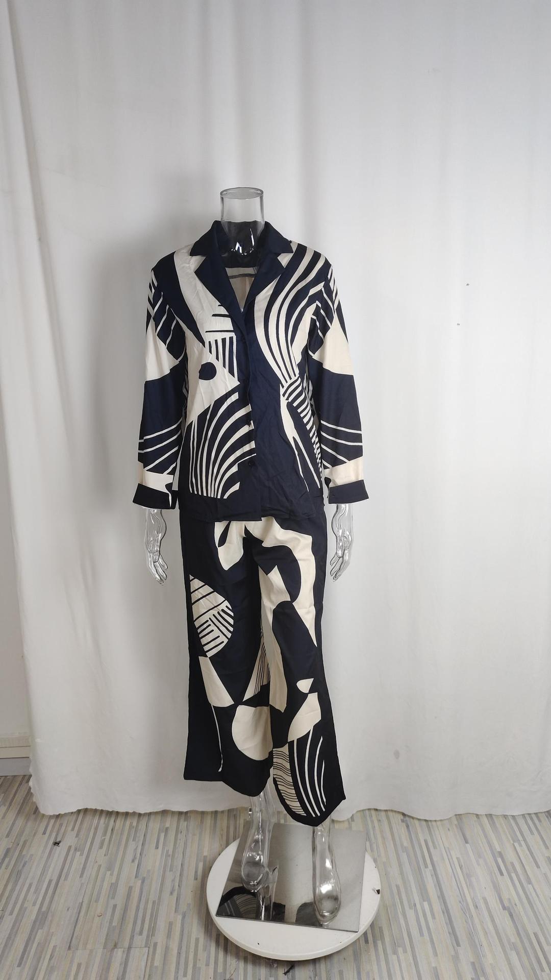 Printed Stand Collar Batwing Sleeve Loose Top with High-Waisted Wide-Leg Pant