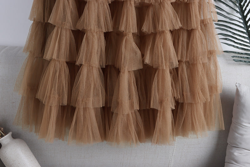 A-Line Mid-Length Tulle Skirt with Layered Mesh Insert