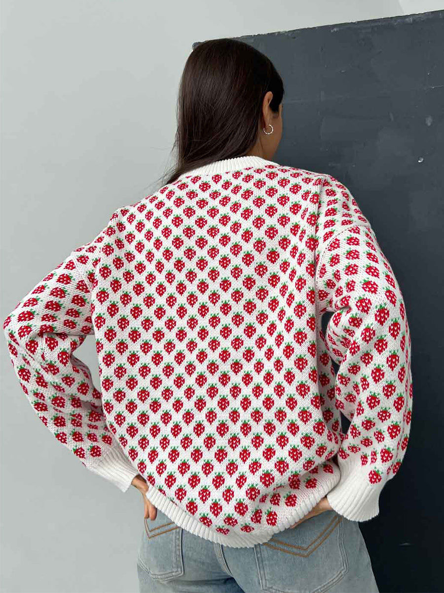 Oversized Strawberry Print Sweater
