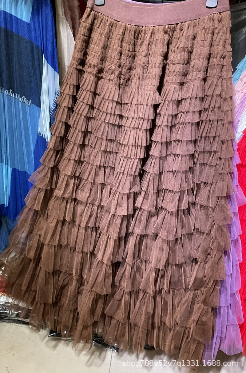 A-Line Mid-Length Tulle Skirt with Layered Mesh Insert