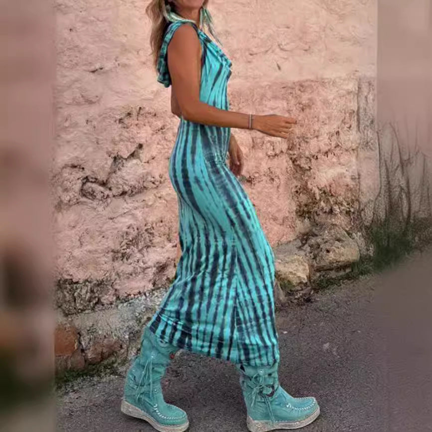 Women's Hooded Open-Back Printed Boho Dress