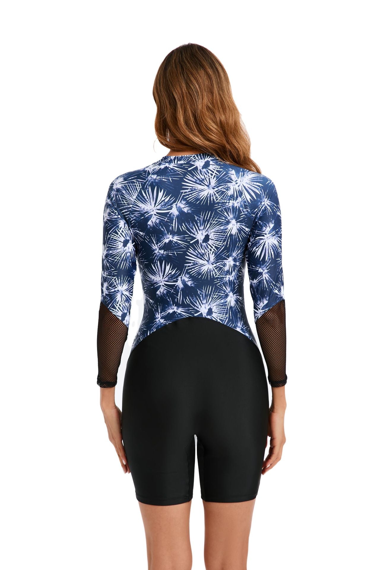 Mesh Panel Long-Sleeve Zip-Up One-Piece Swimsuit with Boy Shorts