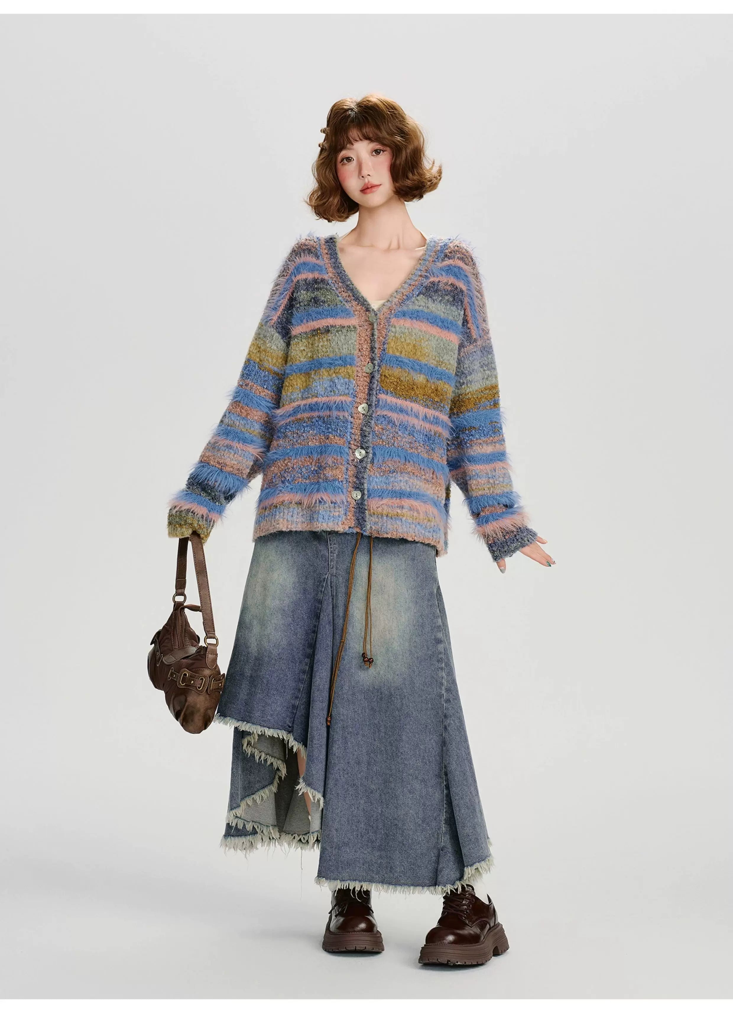 Girlyhalo Vintage Gradient Striped Plush Cardigan
