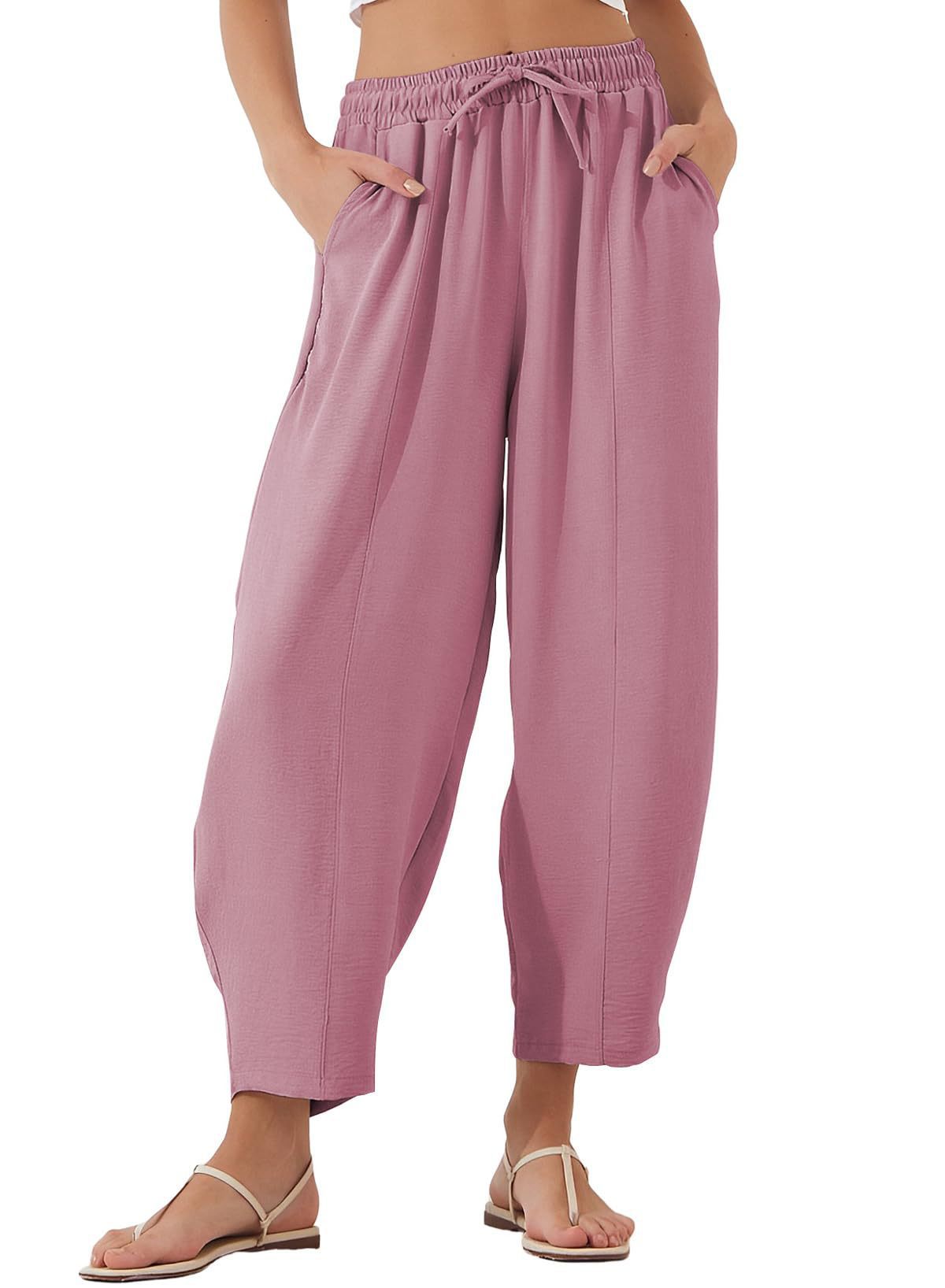 Women's Summer High-Waisted Loose Vacation Drawstring Casual Cropped Pants with Side Pockets