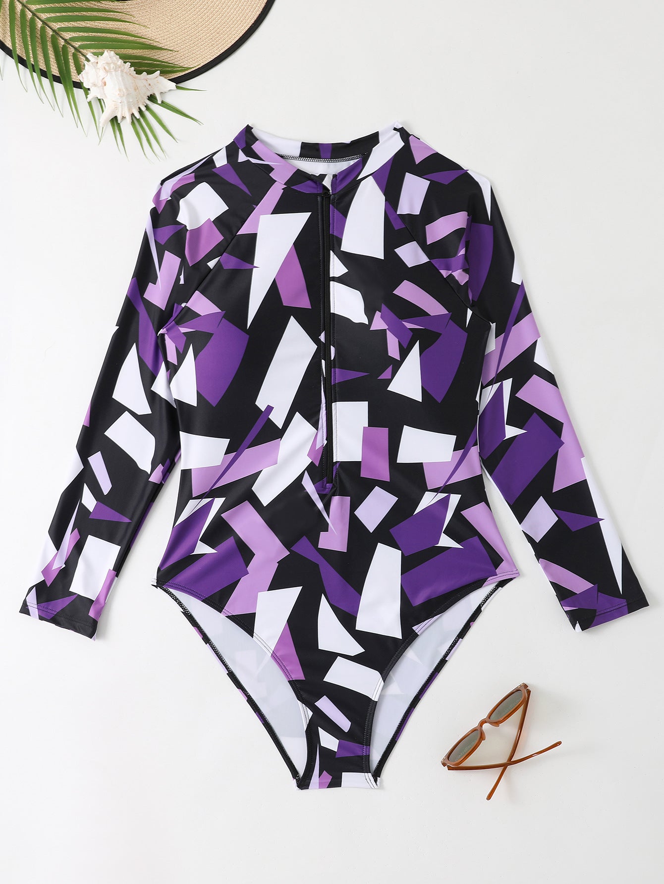 Women's Printed Long Sleeve Zip-Up One-Piece Swimsuit