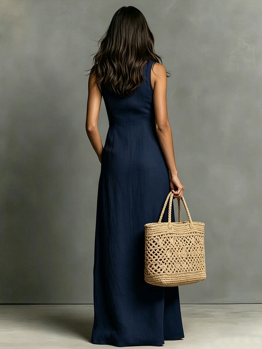 Women's Summer Sleeveless Lapel Collar Maxi Dress