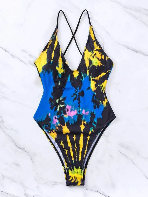 Ombre Tie-Dye Print One-Piece Swimsuit Sexy Bikini for Women