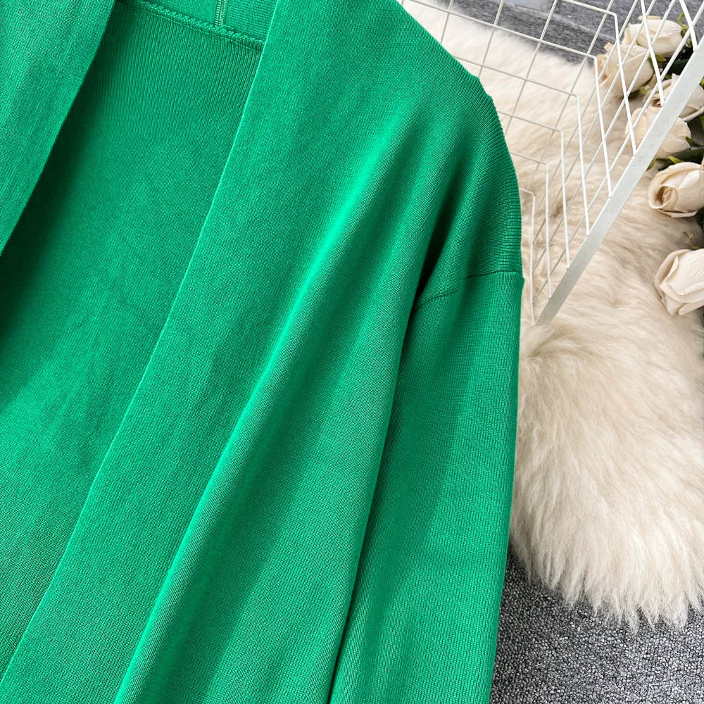 Fashion Fall Knitted 3pcs Cardigan High Neck Sweater Wide Legs Pants