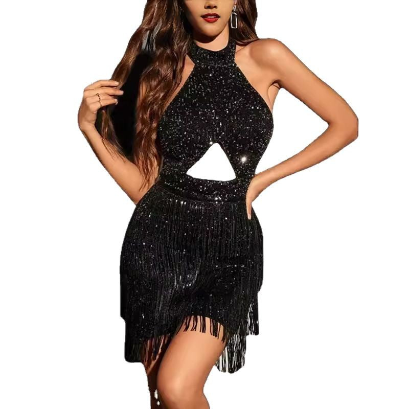 Sexy Fringe Halter Neck Backless Mini Dress