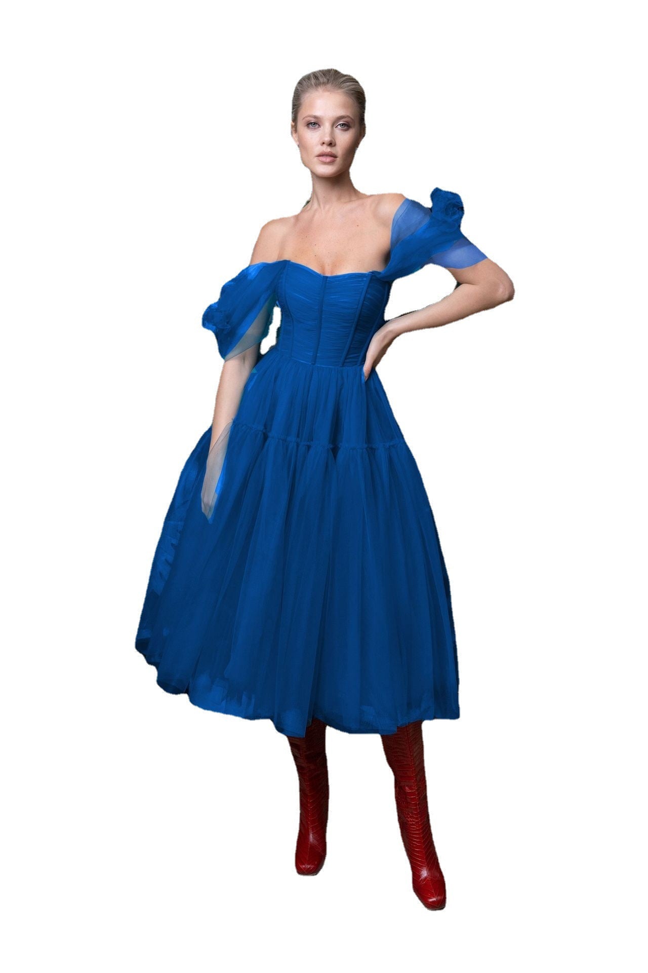 Blue Off The Shoulder Tulle Princess Dresses-Dresses-Free Shipping at meselling99