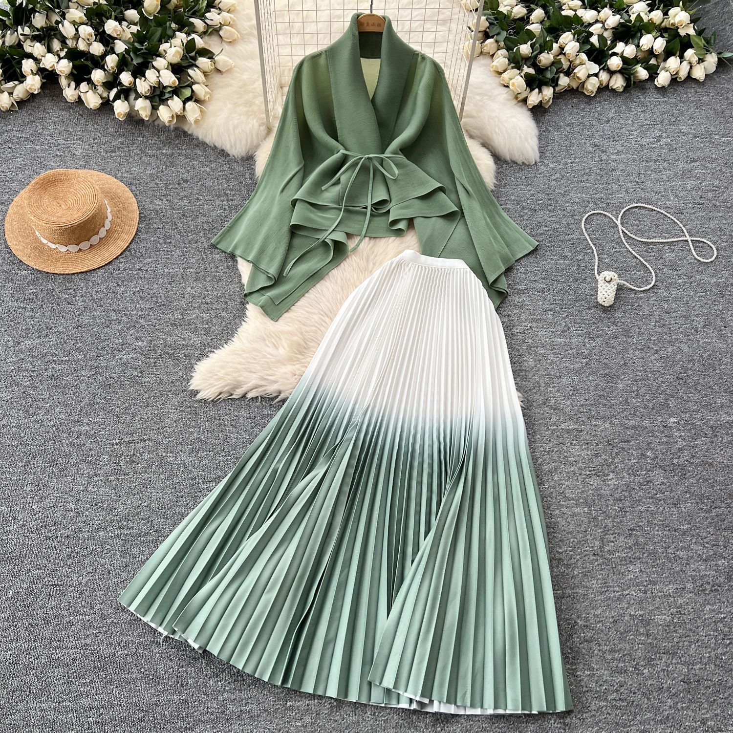 Women's Gradient Color Set - Loose Tie-Waist Pleated Top + High-Waisted Pleated Skirt