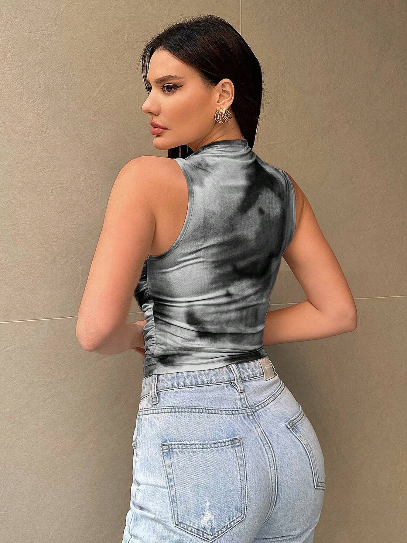 Women's Street Style Printed Mesh Vest – Trendy See-Through Sleeveless Top