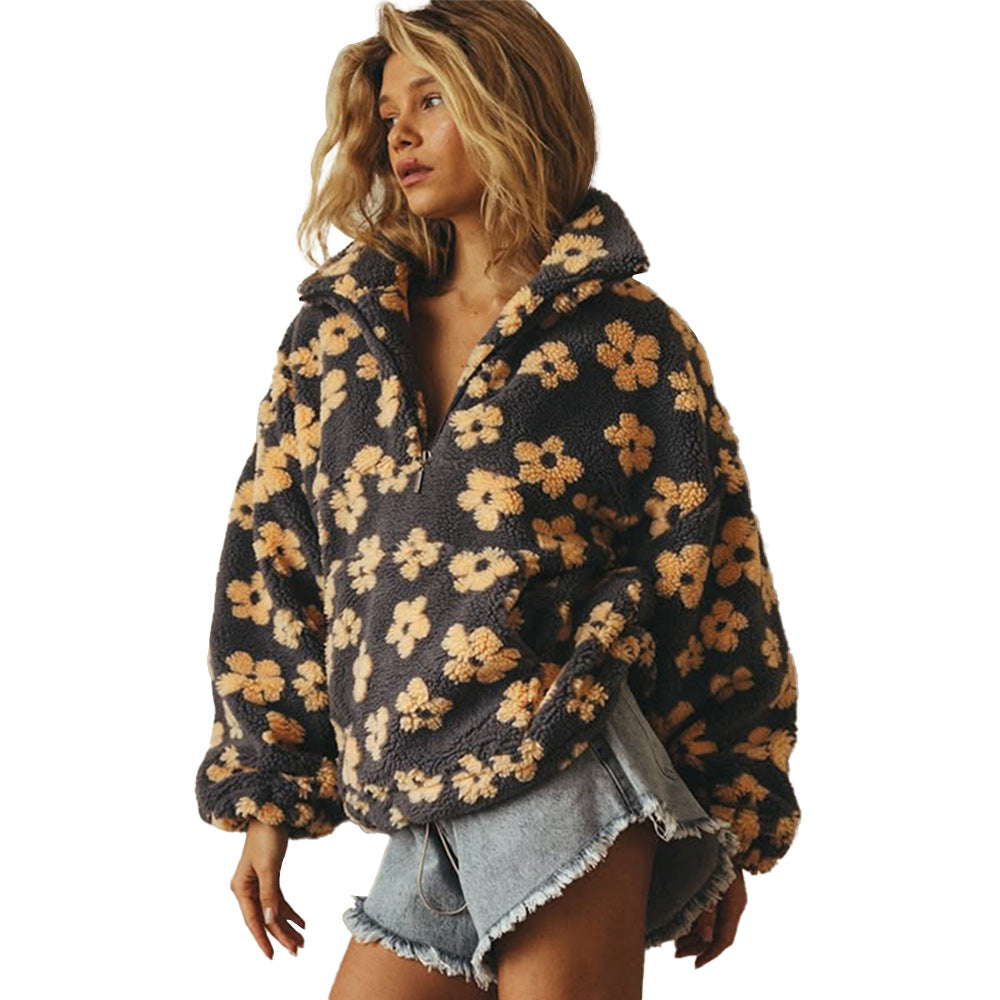 Women's Floral Print Sherpa Hoodie
