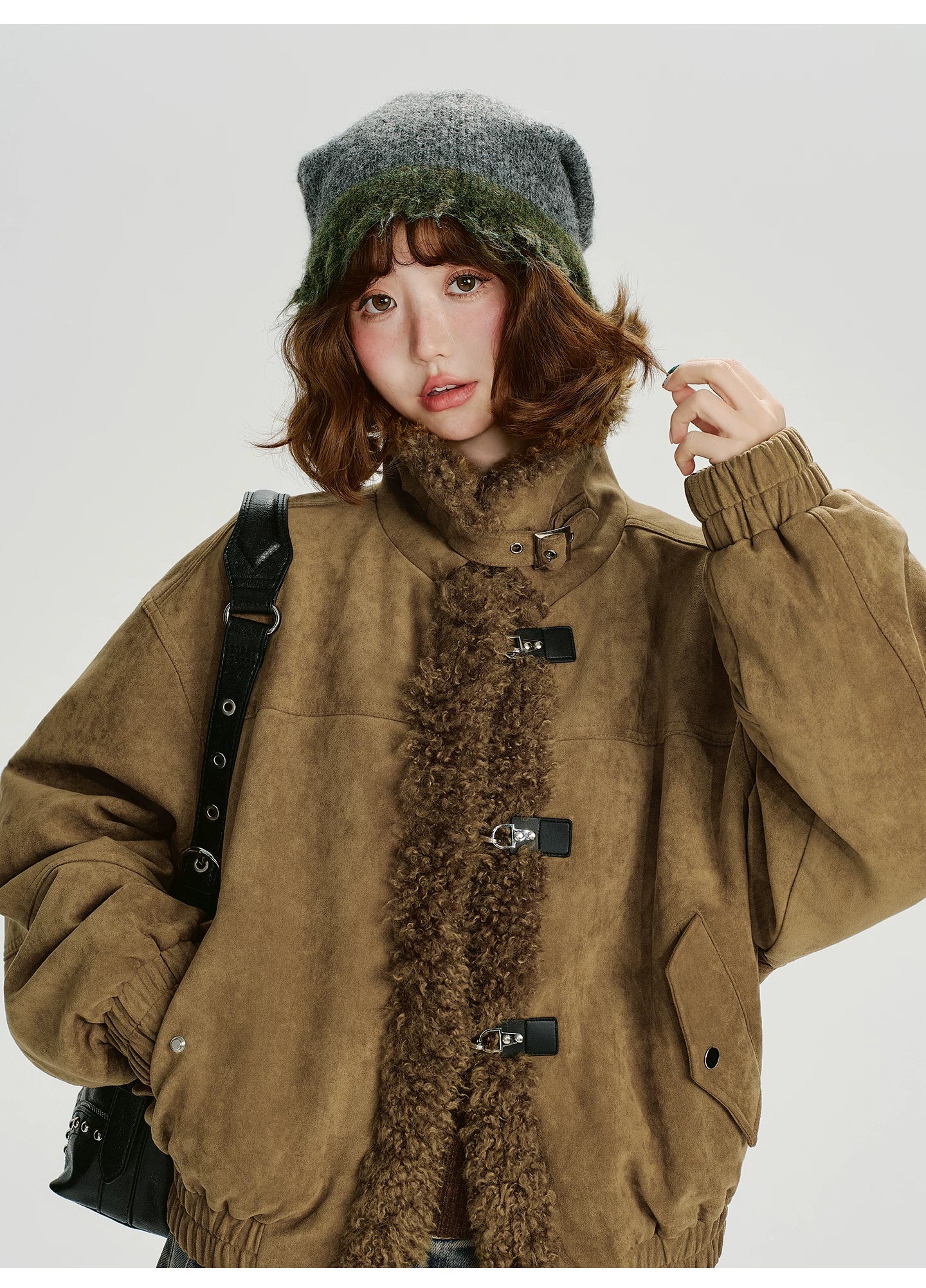Girlyhalo Vintage Suede & Faux Shearling Patchwork Winter Coat