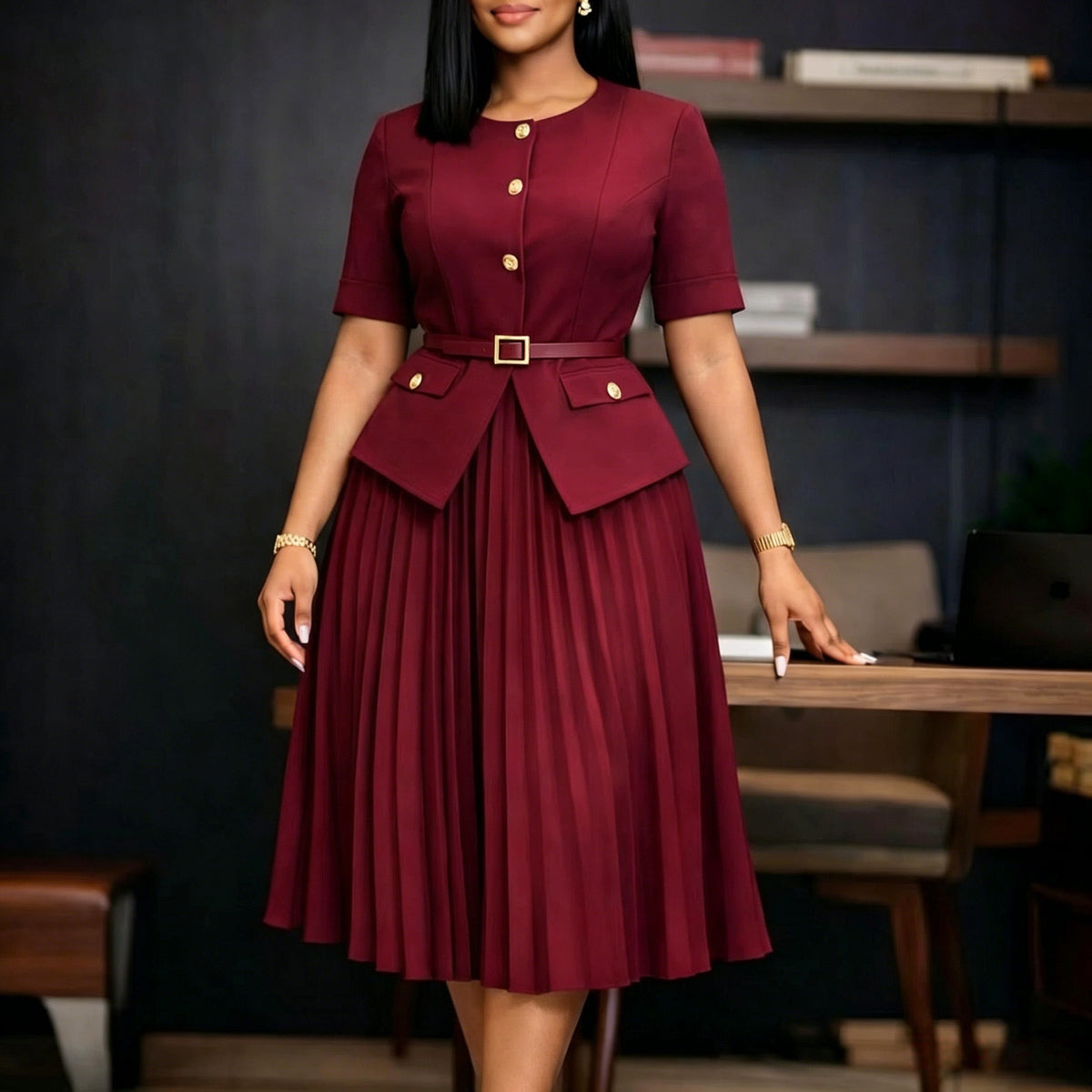 Summer  Round Neck Spliced Pleated Fake Two-Piece Solid Color Plus Size Dress
