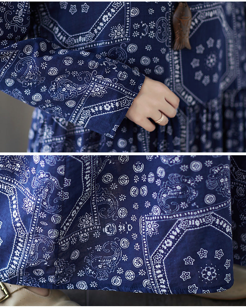 Vintage Plus Sizes Long Sleeves Blue Fall Dresses-Dresses-Free Shipping at meselling99