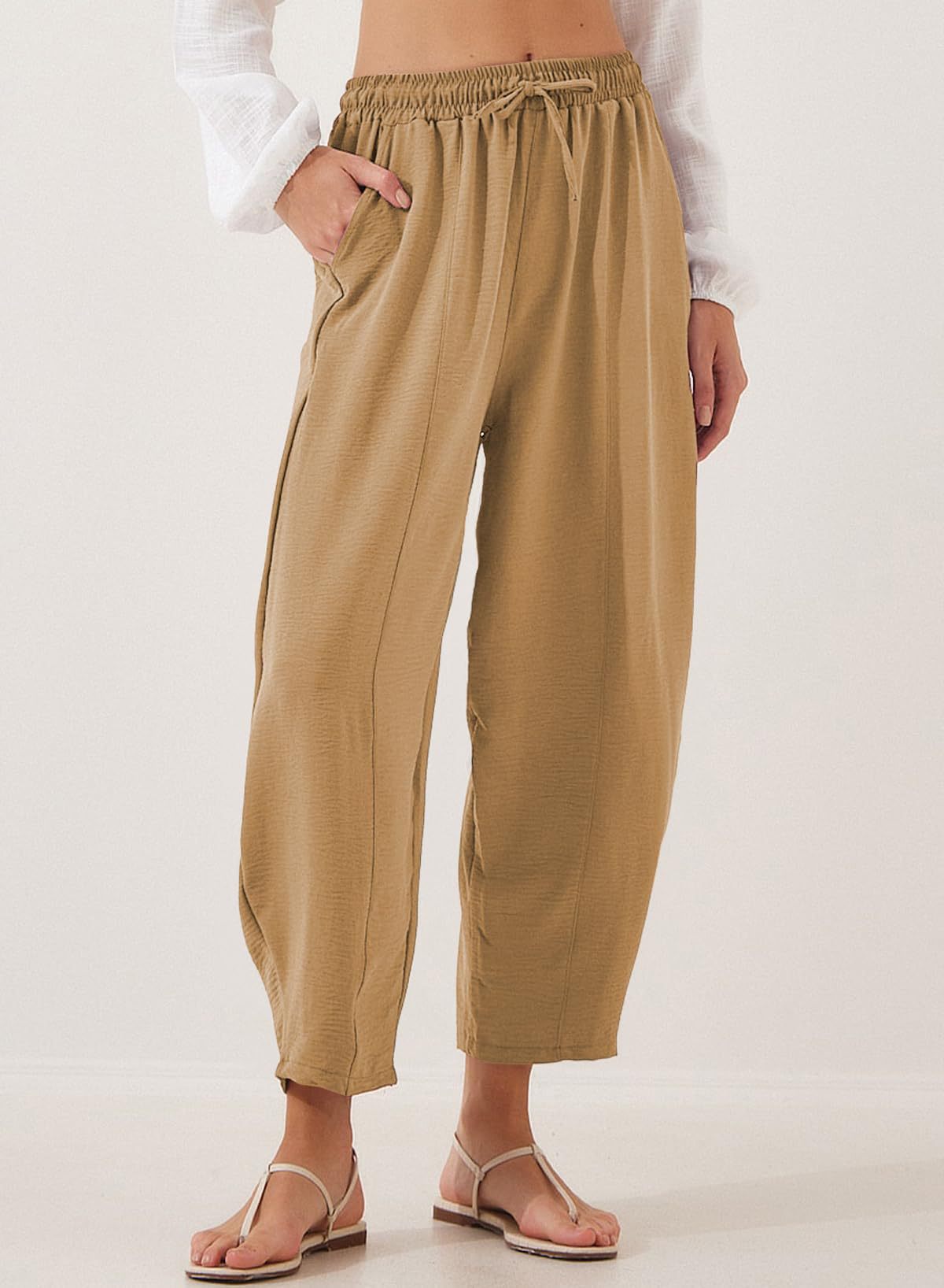 Women's Summer High-Waisted Loose Vacation Drawstring Casual Cropped Pants with Side Pockets