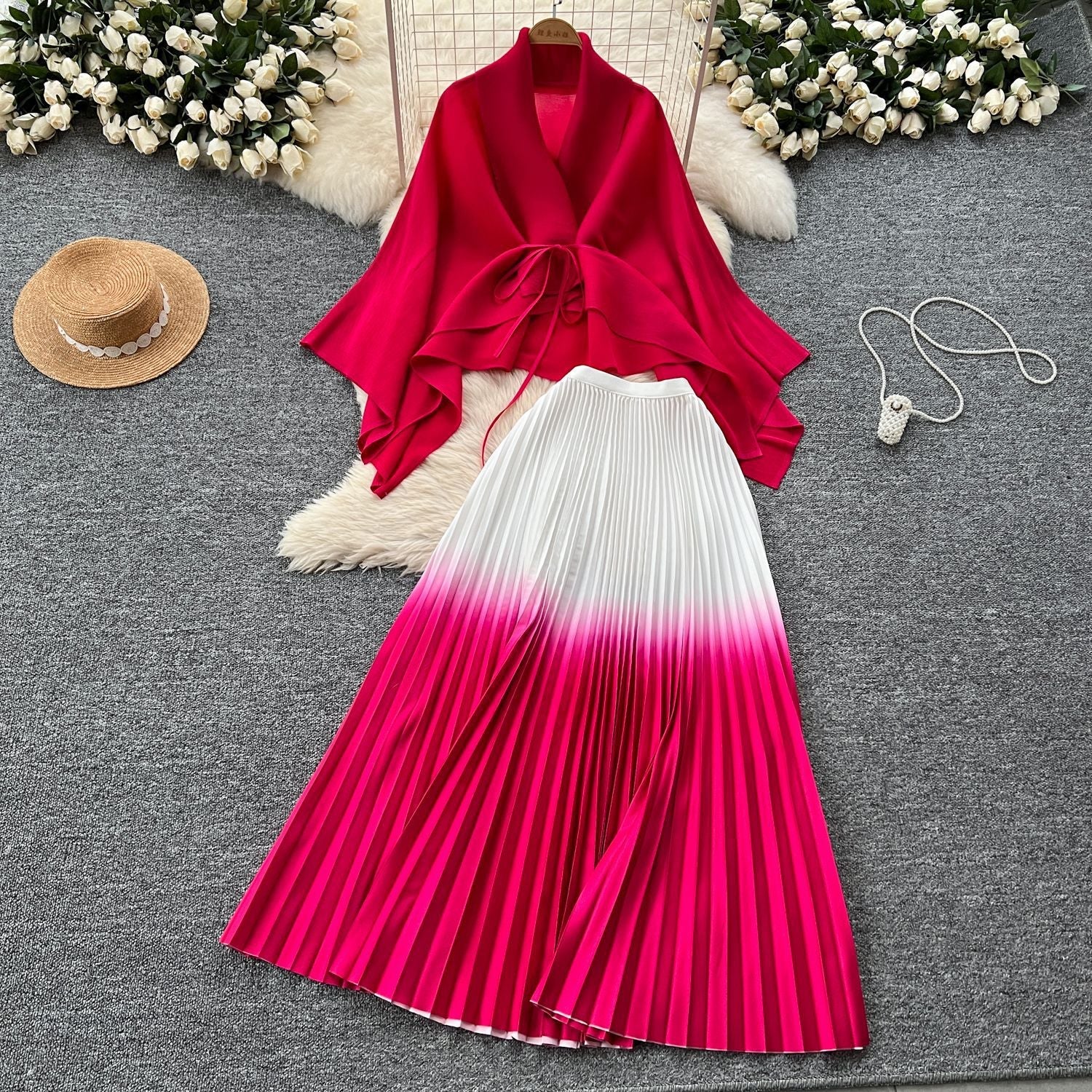 Women's Gradient Color Set - Loose Tie-Waist Pleated Top + High-Waisted Pleated Skirt