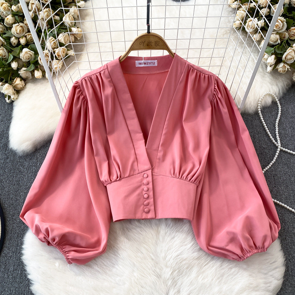 Women's Fashion V-Neck Lantern Sleeve Crop Top