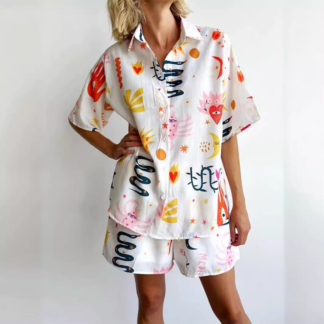 Women's 2-Piece Set – Lapel Short Sleeve Shirt & Shorts Outfit