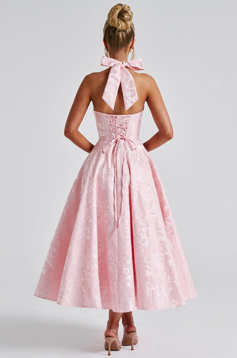 Backless Halter Jacquard Midi Dress