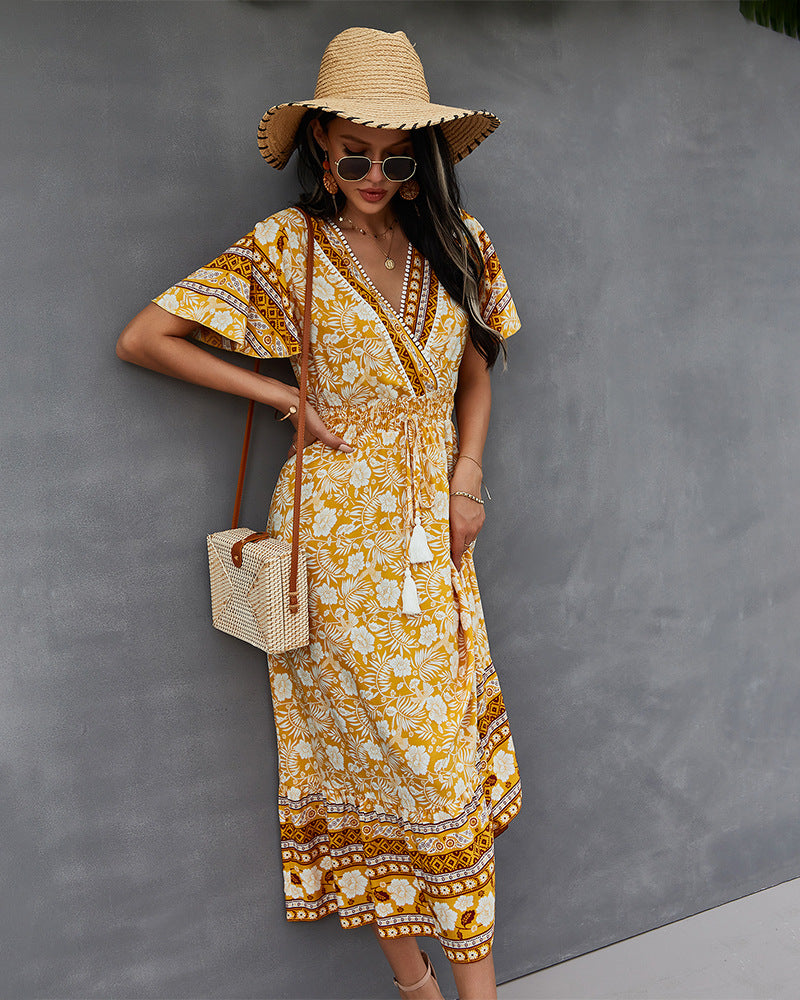 Nadine Floral Smocked Maxi Dress - Mustard