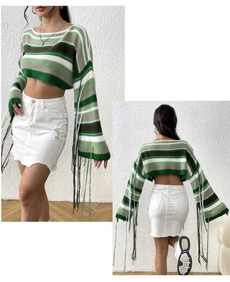 Sexy Rainbow Striped Tassels Short Knitted Blouses