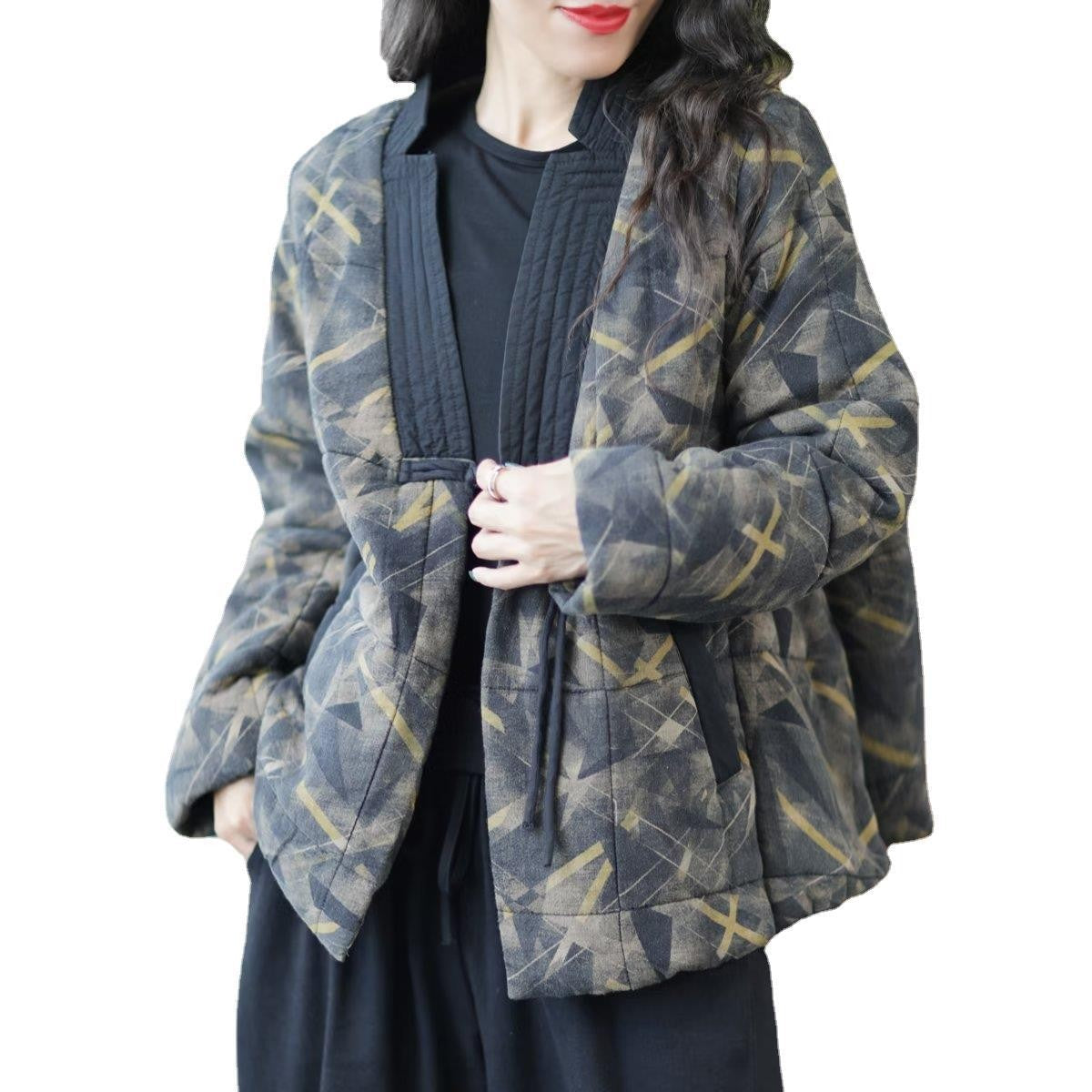 Vintage Floral Print V Neck Warm Coats