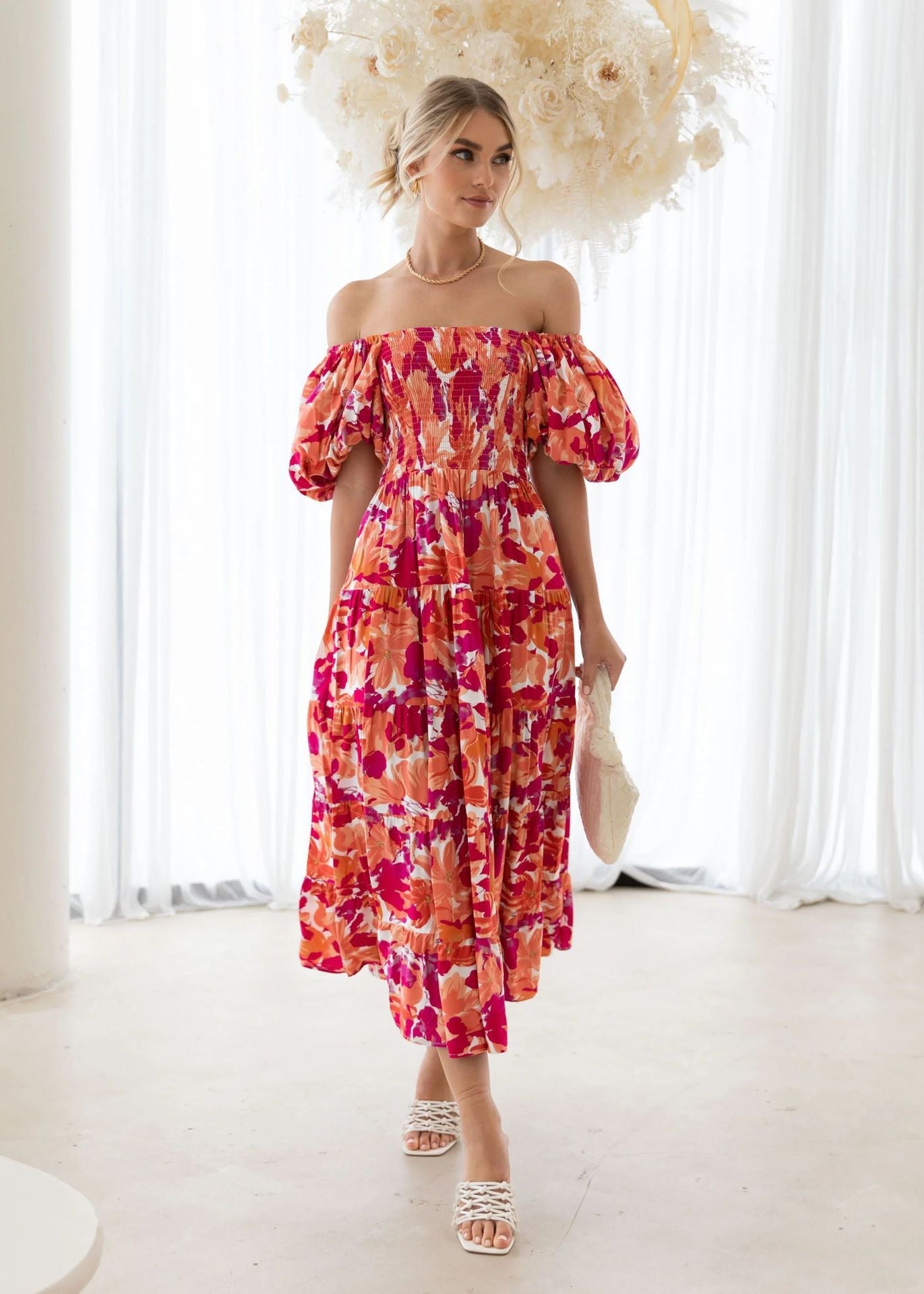 Casual Off The Shoulder Floral Print Long Dresses