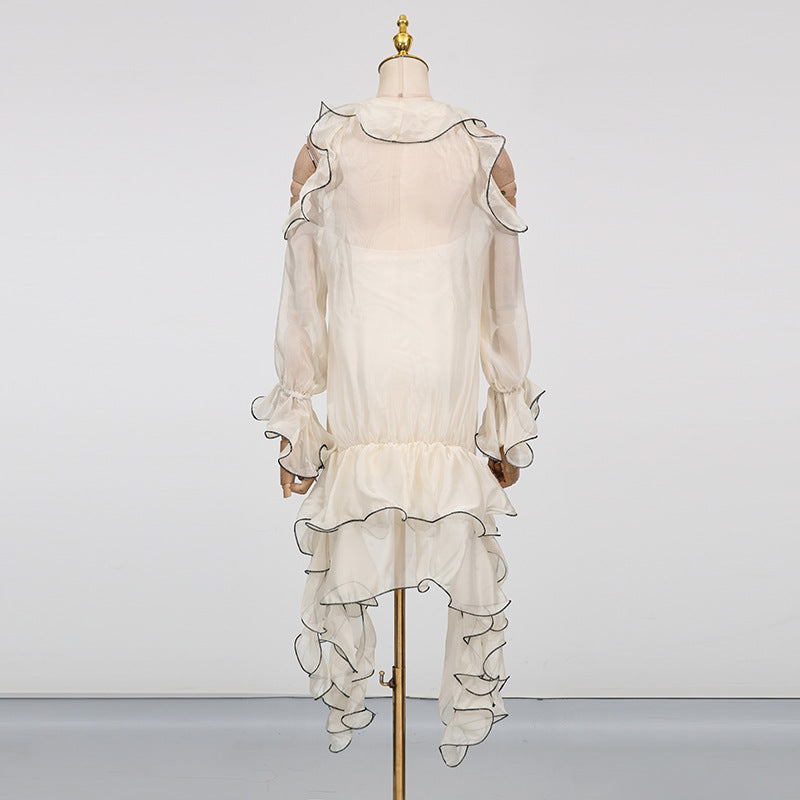 Designed Elegant Resort-Style Lace Trim White Short Dress