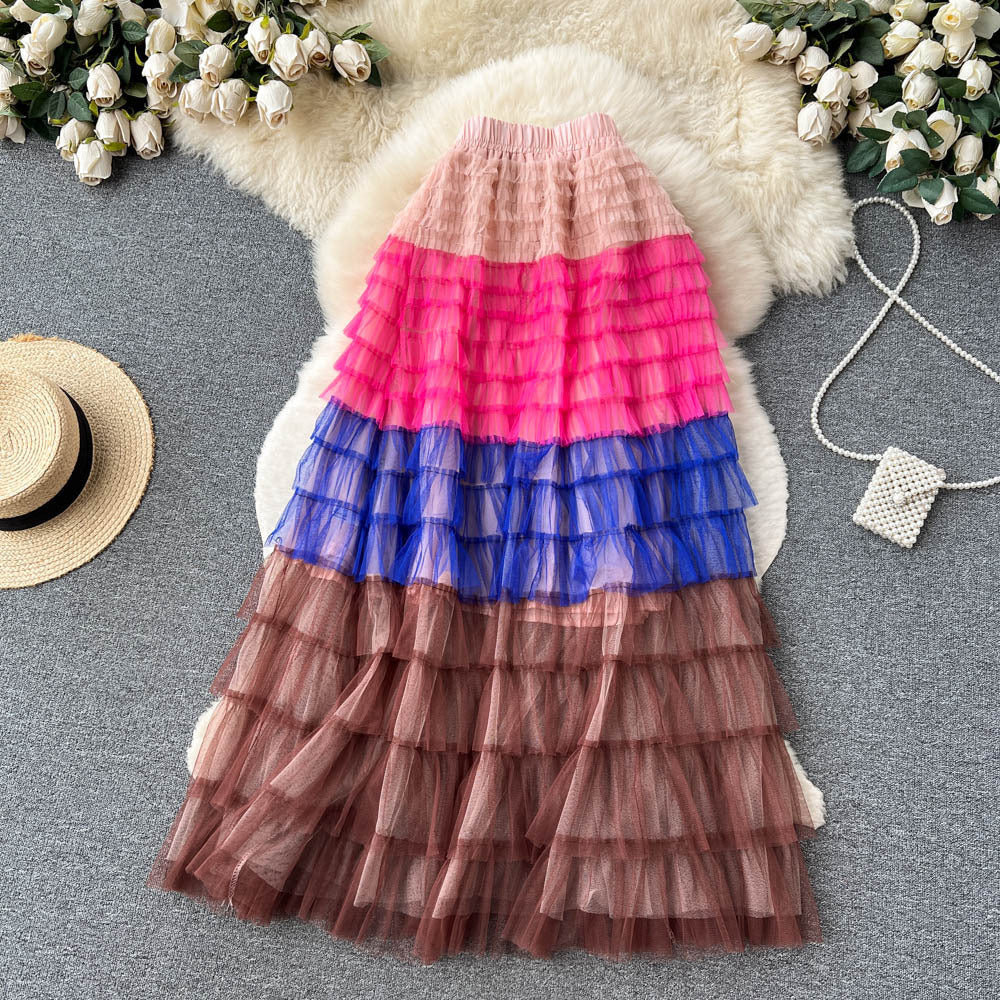 Women's Mid-Length Gradient Mesh A-Line Cake Skirt