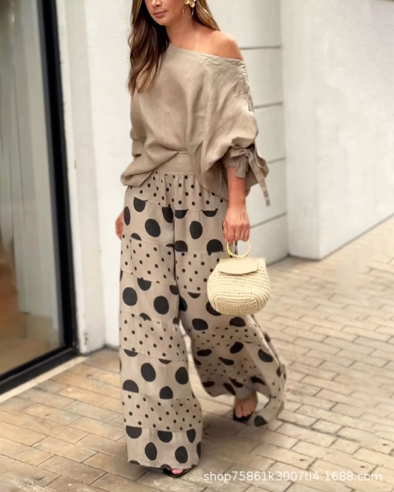 Fashionable 2-Piece Set: Printed Pants & Long Sleeve Top