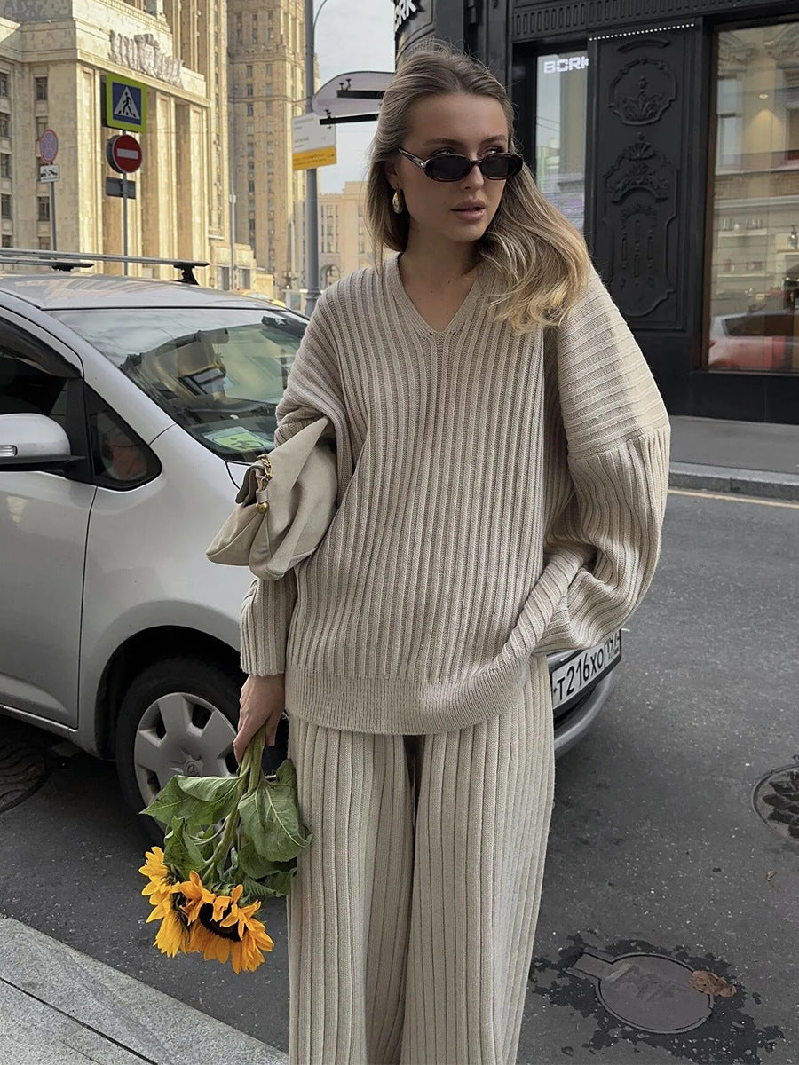 Women's V-Neck Ribbed Knit Sweater Set