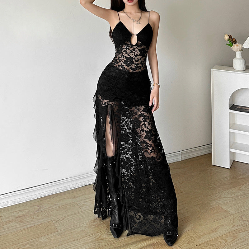 Summer Black Slim Fit High Waist V-Neck Mesh Slip Dress