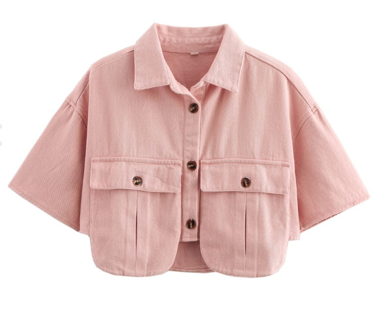 Women's Solid Color Oversized Pocket Sleeveless Polo Collar Denim Shirt Top