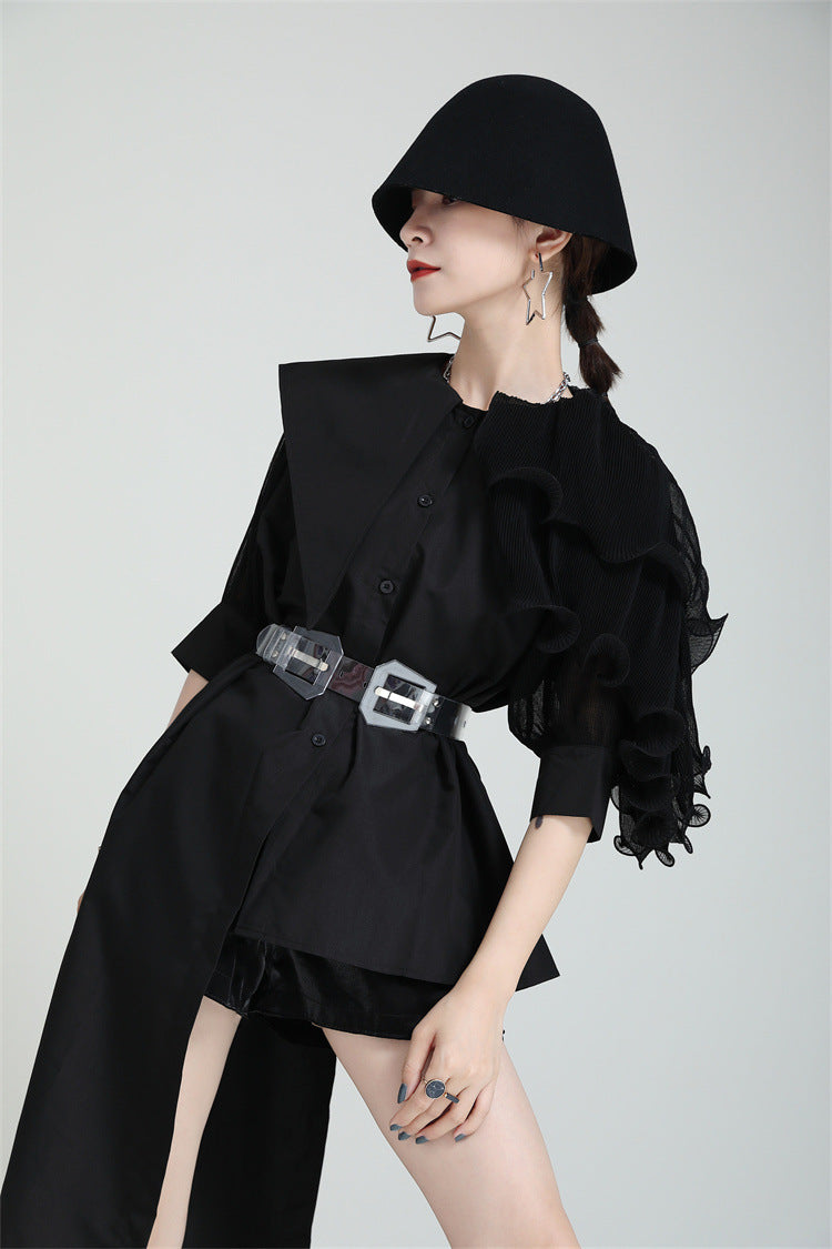 Summer Asymmetrical Bubble Sleeve Shirt Dress with Peplum Waist & Patchwork Design