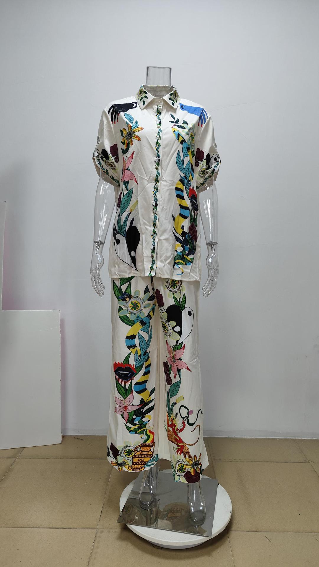 Printed Stand Collar Batwing Sleeve Loose Top with High-Waisted Wide-Leg Pant