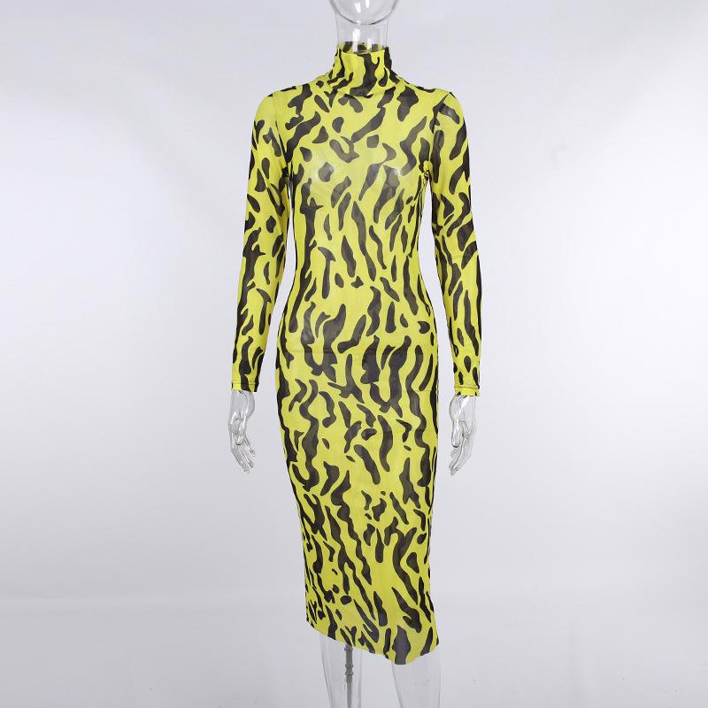 Sexy High Neck Yellow Leopard Long Sleeves Women Dresses-Dresses-Free Shipping at meselling99