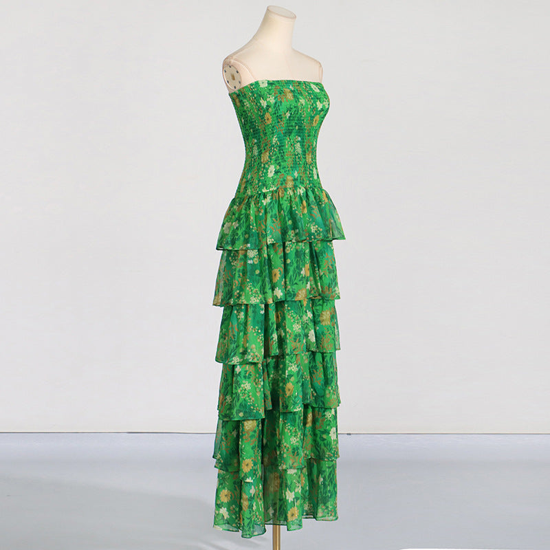 Designed Green Elegant Off-Shoulder Strapless Chiffon Maxi Dress