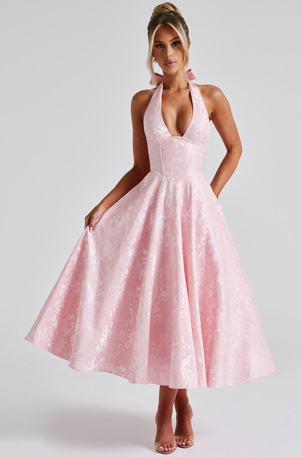 Backless Halter Jacquard Midi Dress