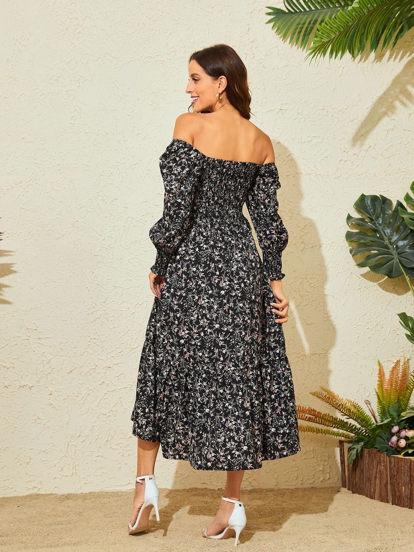 Women's Floral Print Square Neck Chiffon Dress